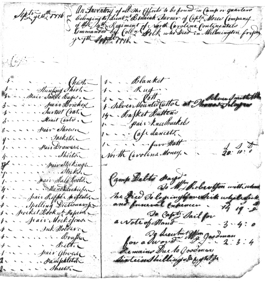 This is a list of the effects of an officer of the 4th NC Regt who died at Wilmington on 7 Sept 1776