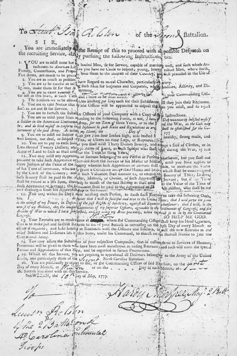 This is the recruiting orders for Lt. Rolston signed by Maj. Hardy Murfree on 10 May 1777.